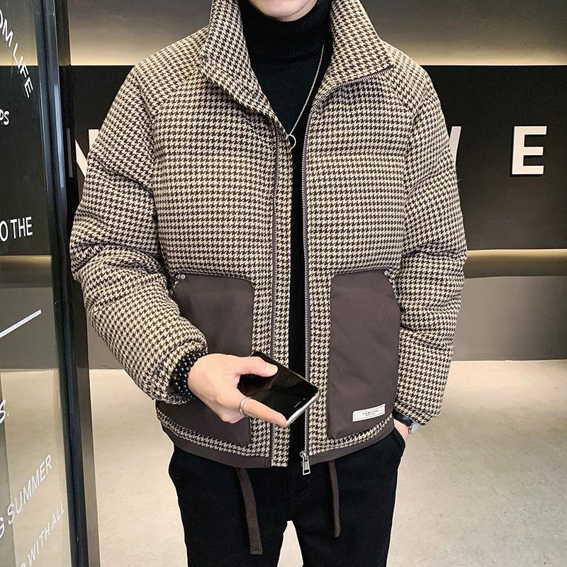 Short wool blend coat with black-and-white houndstooth pattern, zip front and flap pockets