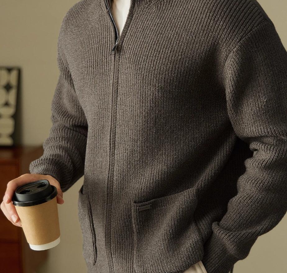 Knitted Cardigan Stand Collar Pocket Sweater - WOMONA.COM