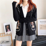 Cartoon Embroidered Loose Knit Cardigan Jacket - WOMONA.COM