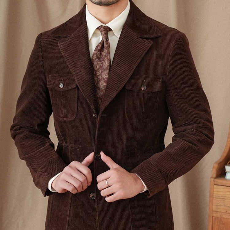 Dark brown corduroy safari-style slim jacket, flap pockets, button front