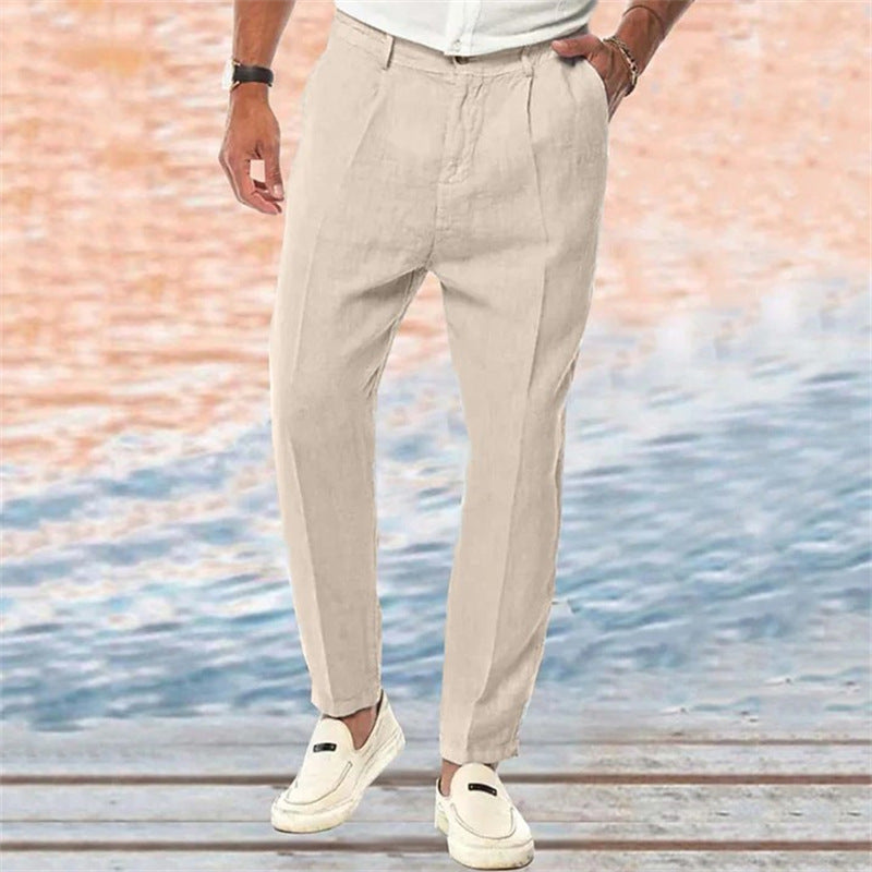 Men's straight linen pants in khaki with belt loops and zip fly