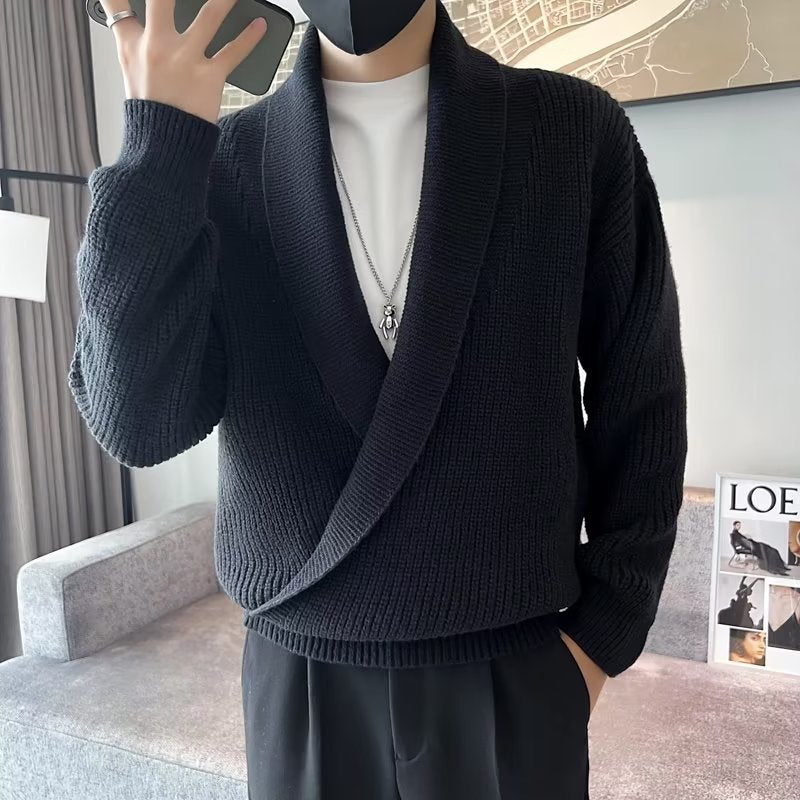 Black V-neck drapey knit sweater for men with long sleeves and crossover wrap front