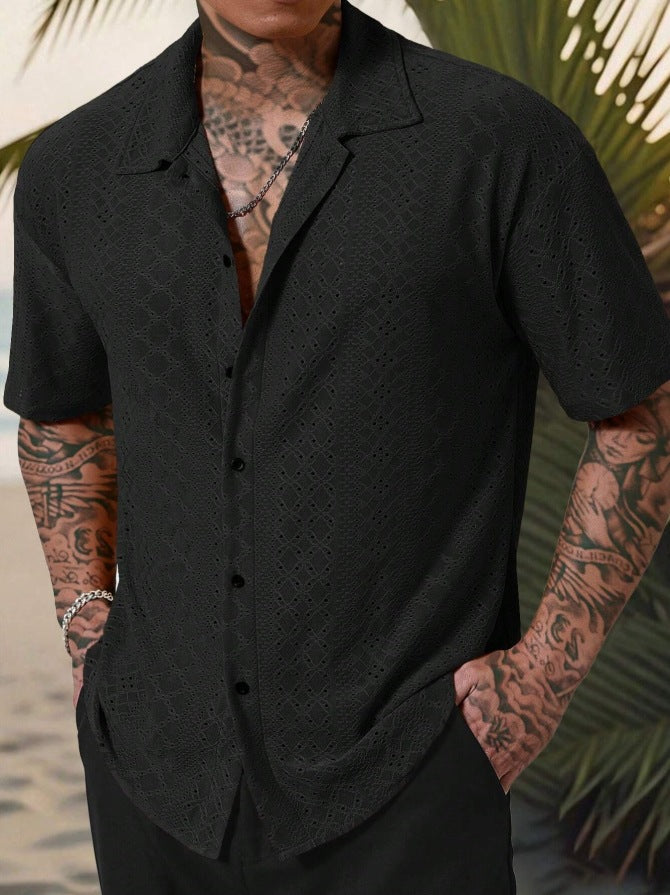 Men’s black short-sleeve button-up casual shirt with camp collar and subtle texture