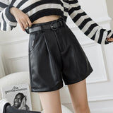 Wide Leg A-line PU Outer Wear With Belt Leather Shorts For Women - WOMONA.COM