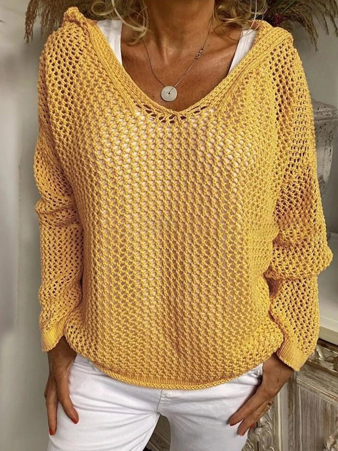 Women's Openwork Long-Sleeve Hooded Knit Cover-Up
