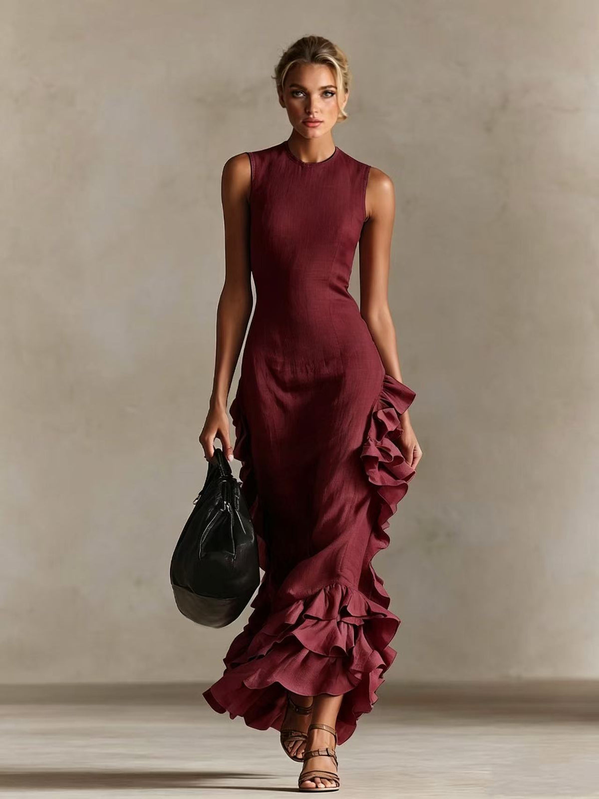Wine-red sleeveless long dress with layered ruffled flounce hem