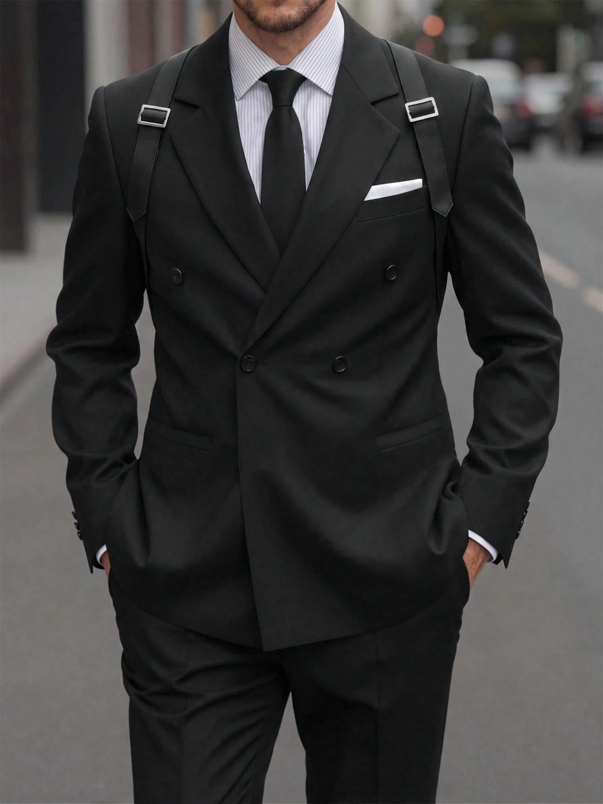 Men's black double-breasted suit jacket with peaked lapels, pocket square, and shoulder strap buckles
