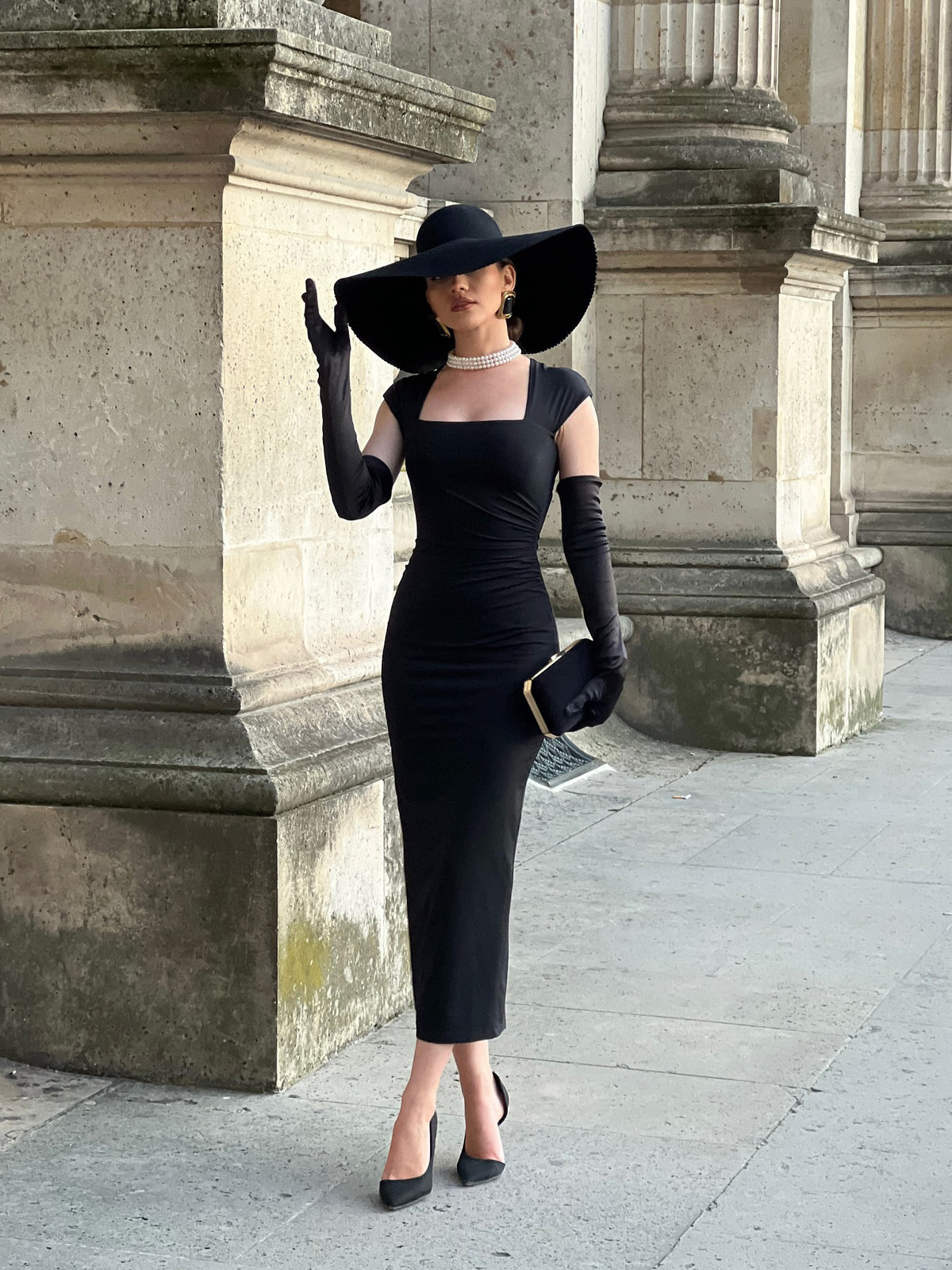 Women's Black Square-Neck Midi Dress with Gloves – product image 4