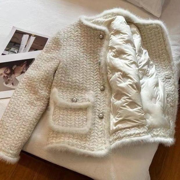 Milky white textured coat with button front, patch pockets, fuzzy trim, quilted lining