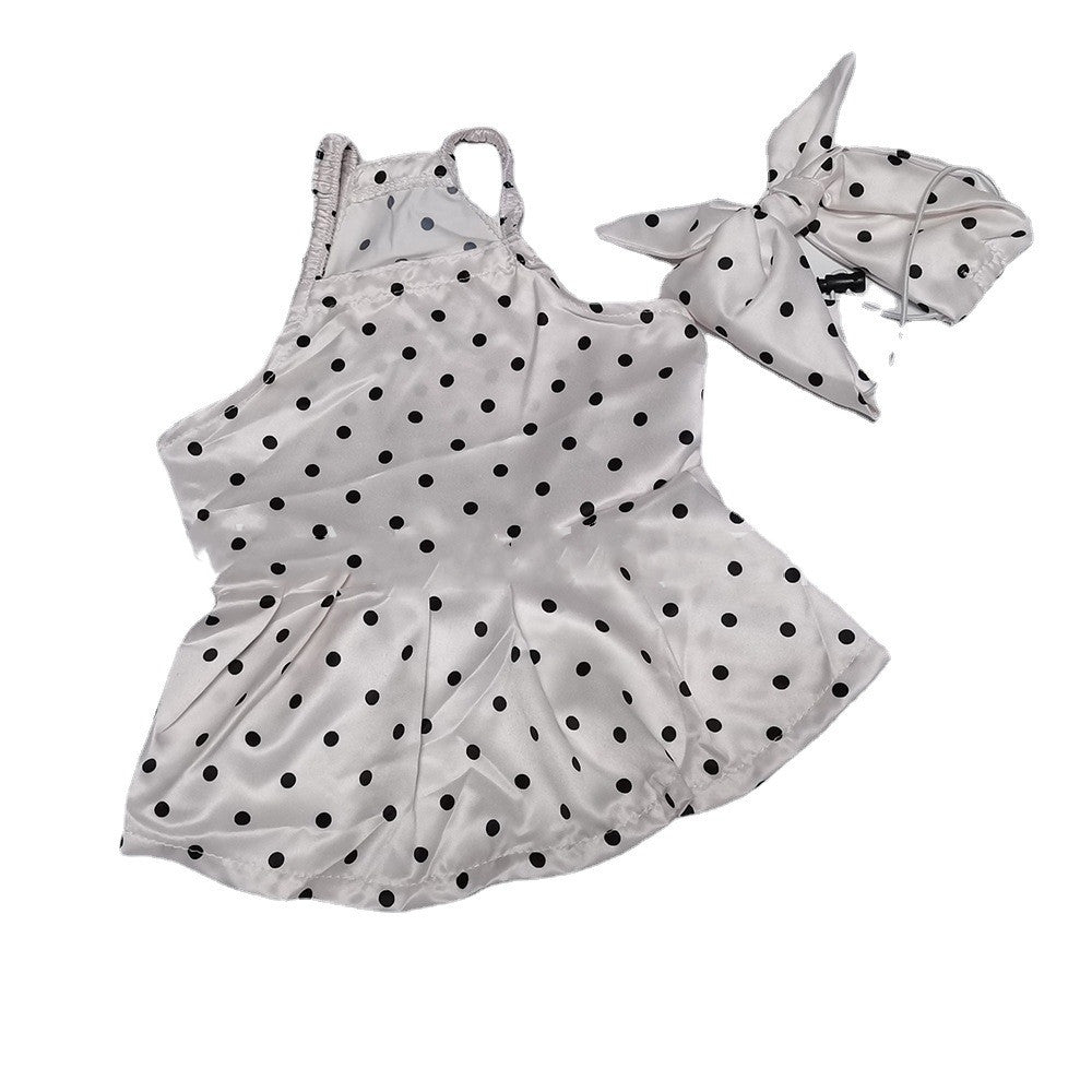 Dog suspender dress, white with black polka dots, sleeveless with back straps