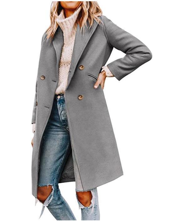 Grey mid-length wool coat with notched lapels, double-breasted buttons, flap pockets