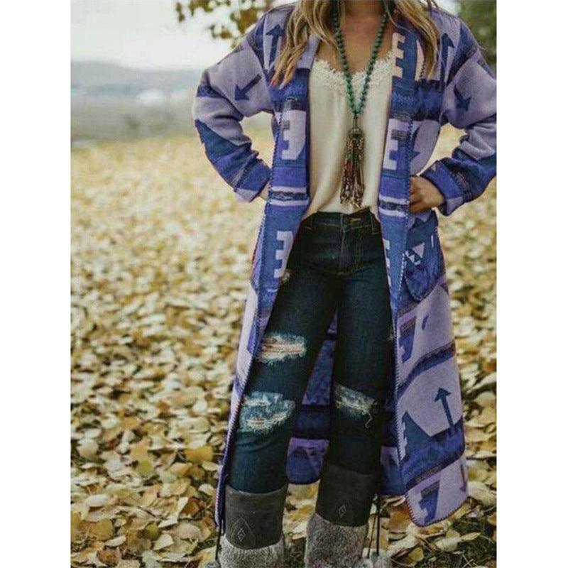 Long sleeve printed long coat in blue and beige with geometric arrow motifs