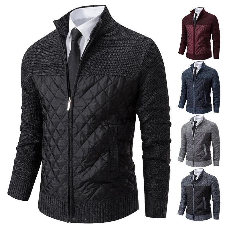 Black zipped stand-collar sweater, quilted front panel and knit sleeves