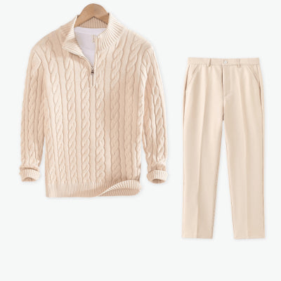 Men's Cable-Knit Zip-Neck Sweater & Outfit Options, Apricot / Khaki Trousers - product view 11
