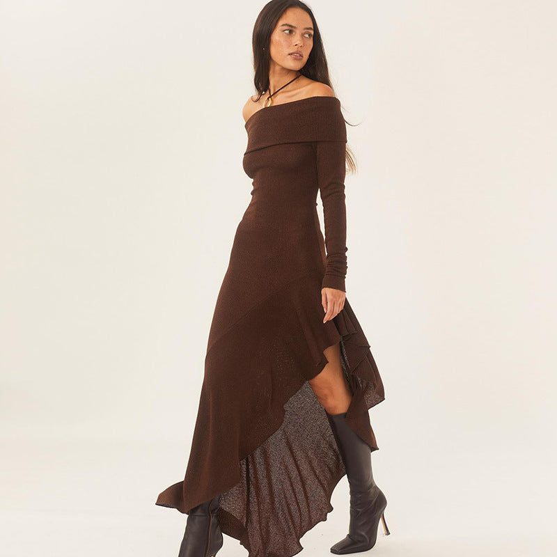 Off-shoulder Long Sleeve Close-fitting Dress - WOMONA.COM