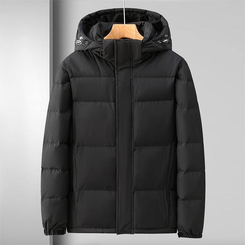 Men's hooded down jacket, black, front view with full zipper and hood
