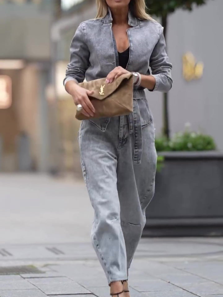 Women's Denim Tie-Front Top & High-Waist Pants Set