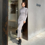 Fleece-lined Knitting Dress Turtleneck Slim Fit Long Dress - WOMONA.COM