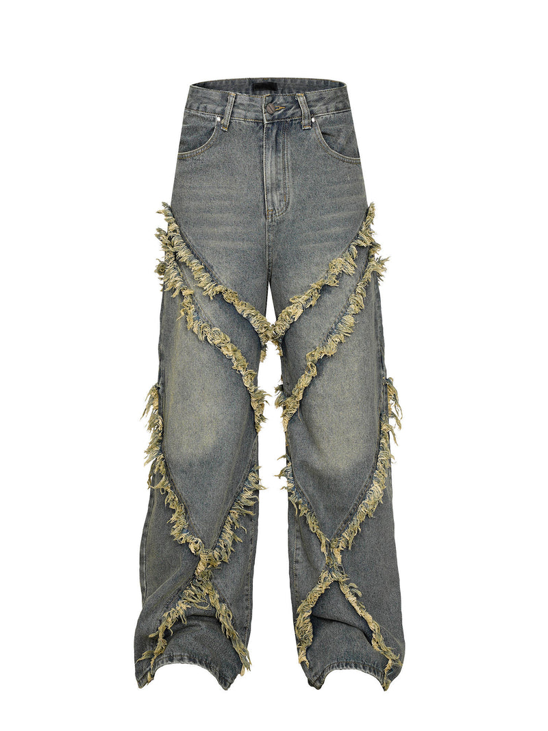 Jeans mit weitem Bein und Burrs Tassels Patchwork-Design