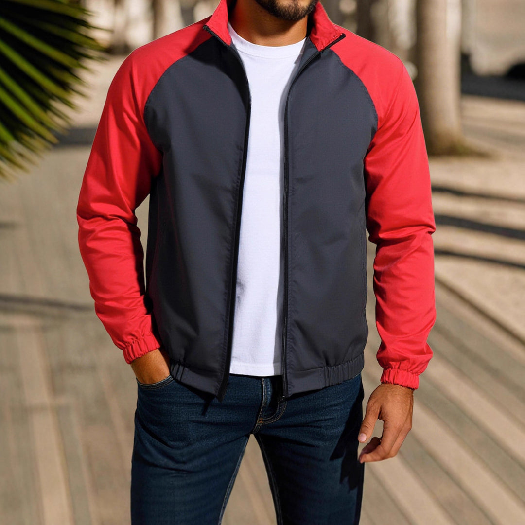 Men's loose contrast-color raglan-sleeve stand-collar jacket in red, khaki and green – photo 1 of 7