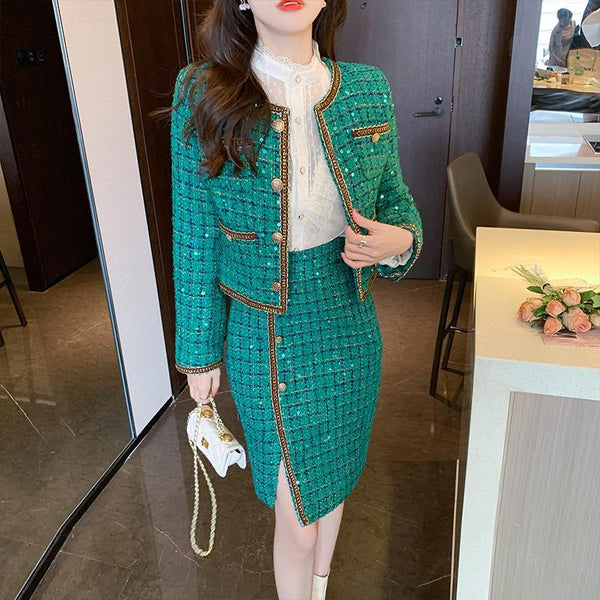 Elegant Green Tweed Coat Irregular Sheath Skirt Suit - WOMONA.COM