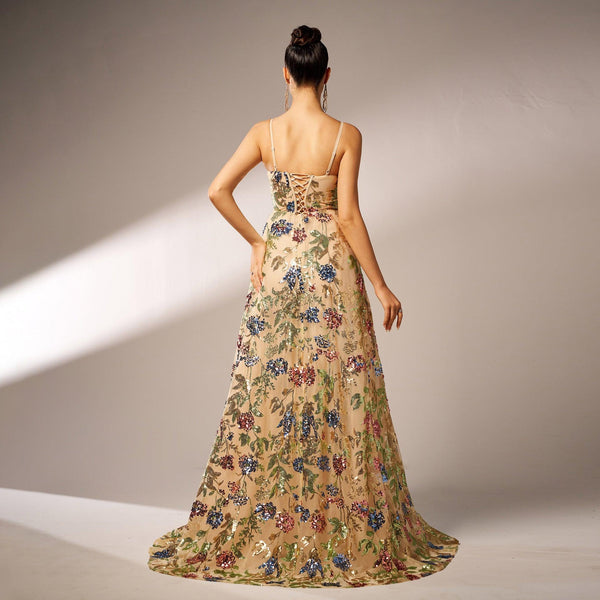 Elegantes ärmelloses Abendkleid mit Pailletten und Hosenträgern