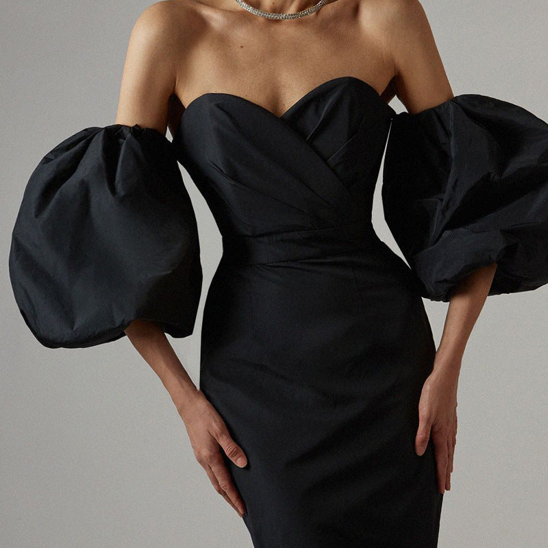 Sweetheart Balloon-Sleeve Fitted Midi Dress — black sweetheart bodice and puff sleeves
