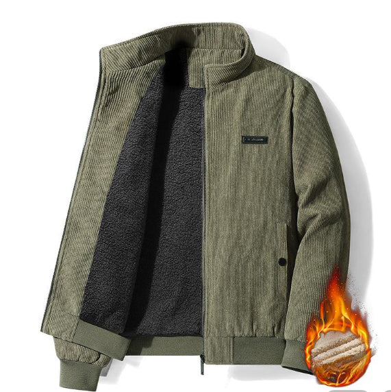 Men's fleece-lined stand-collar corduroy cotton jacket in black, khaki, gray and army green – photo 3 of 8
