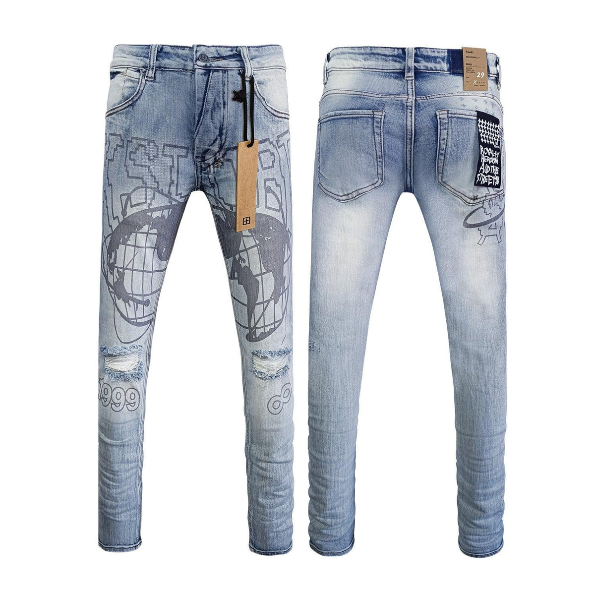 Men's light blue ripped stretch jeans with large graffiti-style graphic on legs