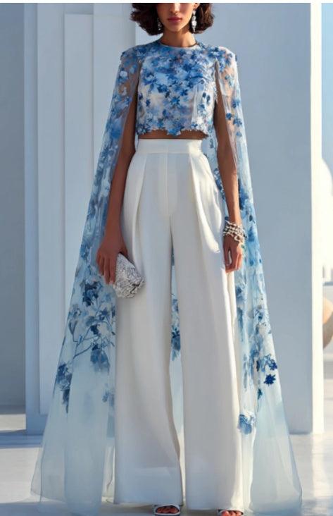 Women's Floral Cape-Back Sheer Overlay Crop Blouse