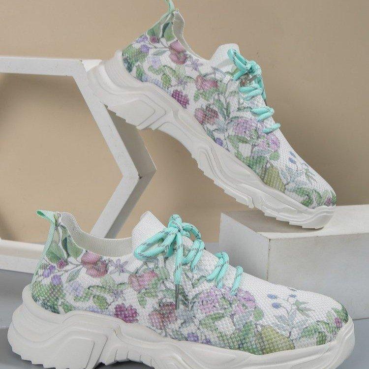 Women’s floral knit casual sneakers with light blue laces and white chunky sole