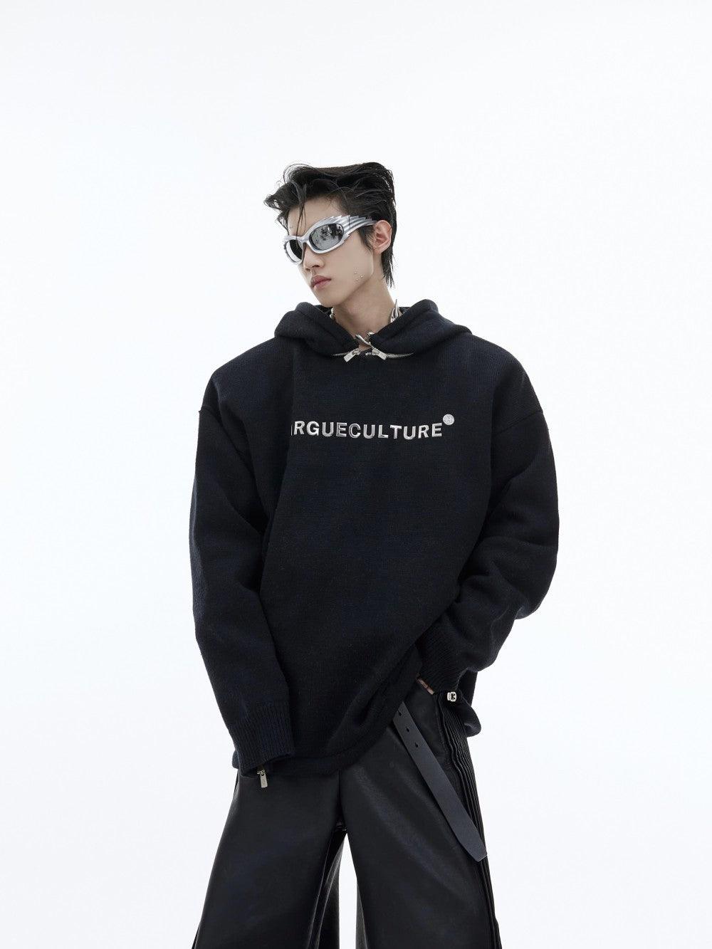 Deconstructed Metal Zipper Knitted Hooded Sweater - WOMONA.COM