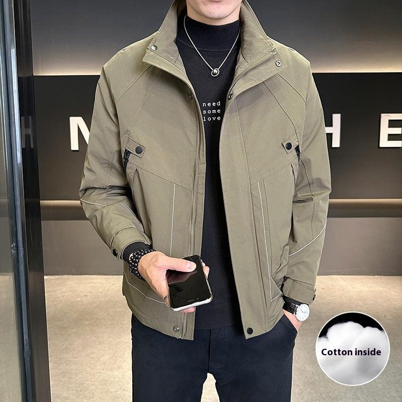 Olive cargo cotton coat jacket with stand collar, button front, and flap pockets.