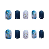 Sea Blue Smudged Fake Nail Stickers Wear Nails - WOMONA.COM