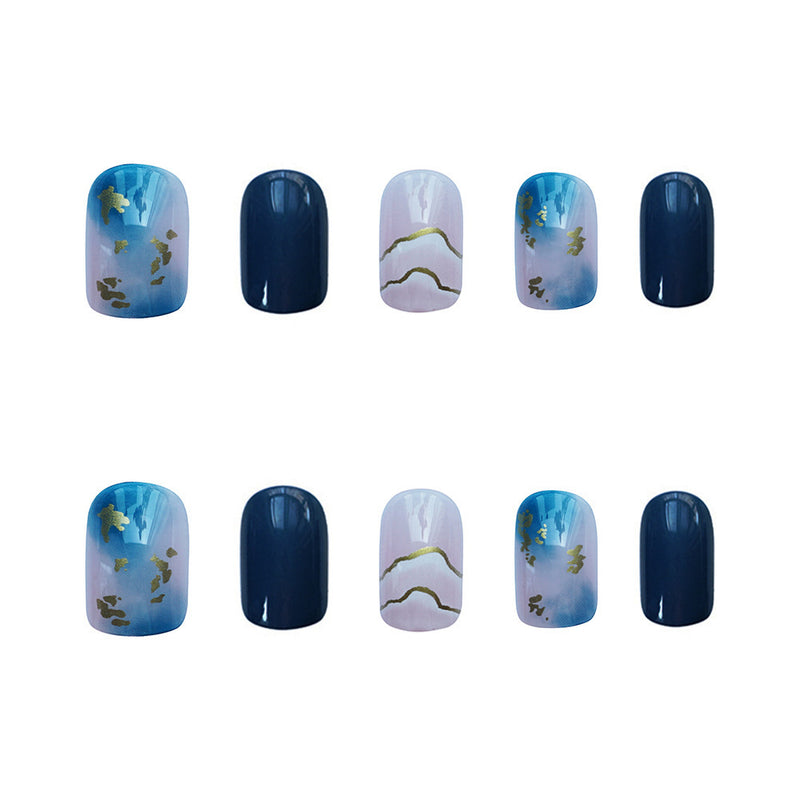 Sea Blue Smudged Fake Nail Stickers Wear Nails - WOMONA.COM