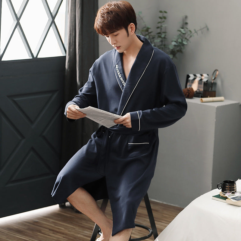 Men's dark navy pajama robe with shawl collar, contrast piping, long sleeves, belt tie
