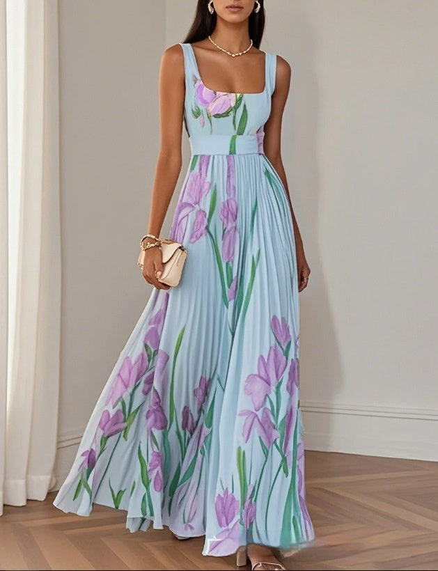 Light blue floral A-line midi dress with purple and green blooms, square neckline, waist belt