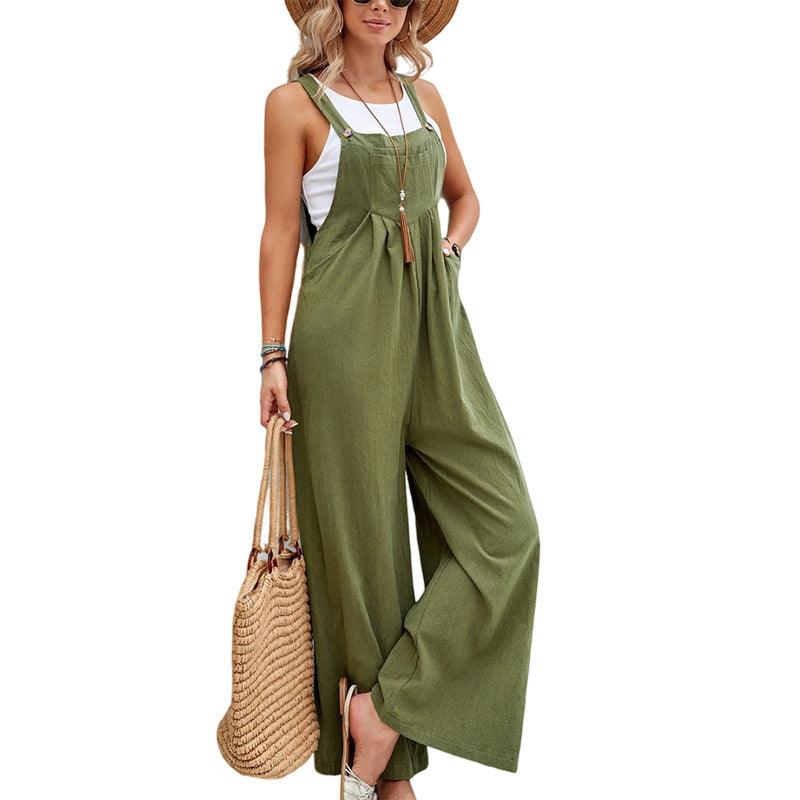 Loose pocket jumpsuit, army green sleeveless wide-leg overalls-style