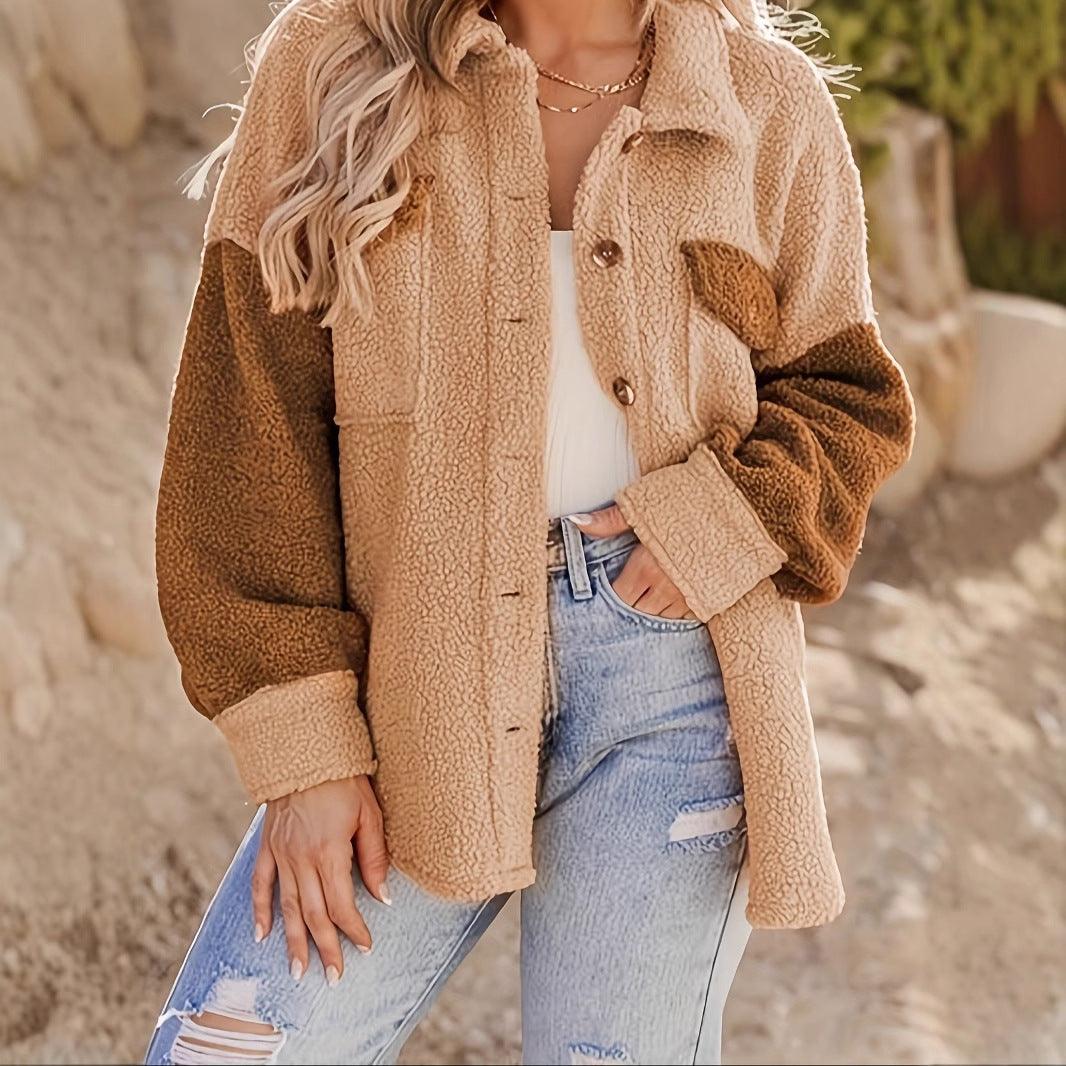 Camel lamb wool sherpa coat with contrasting brown sleeves, button front, chest pockets