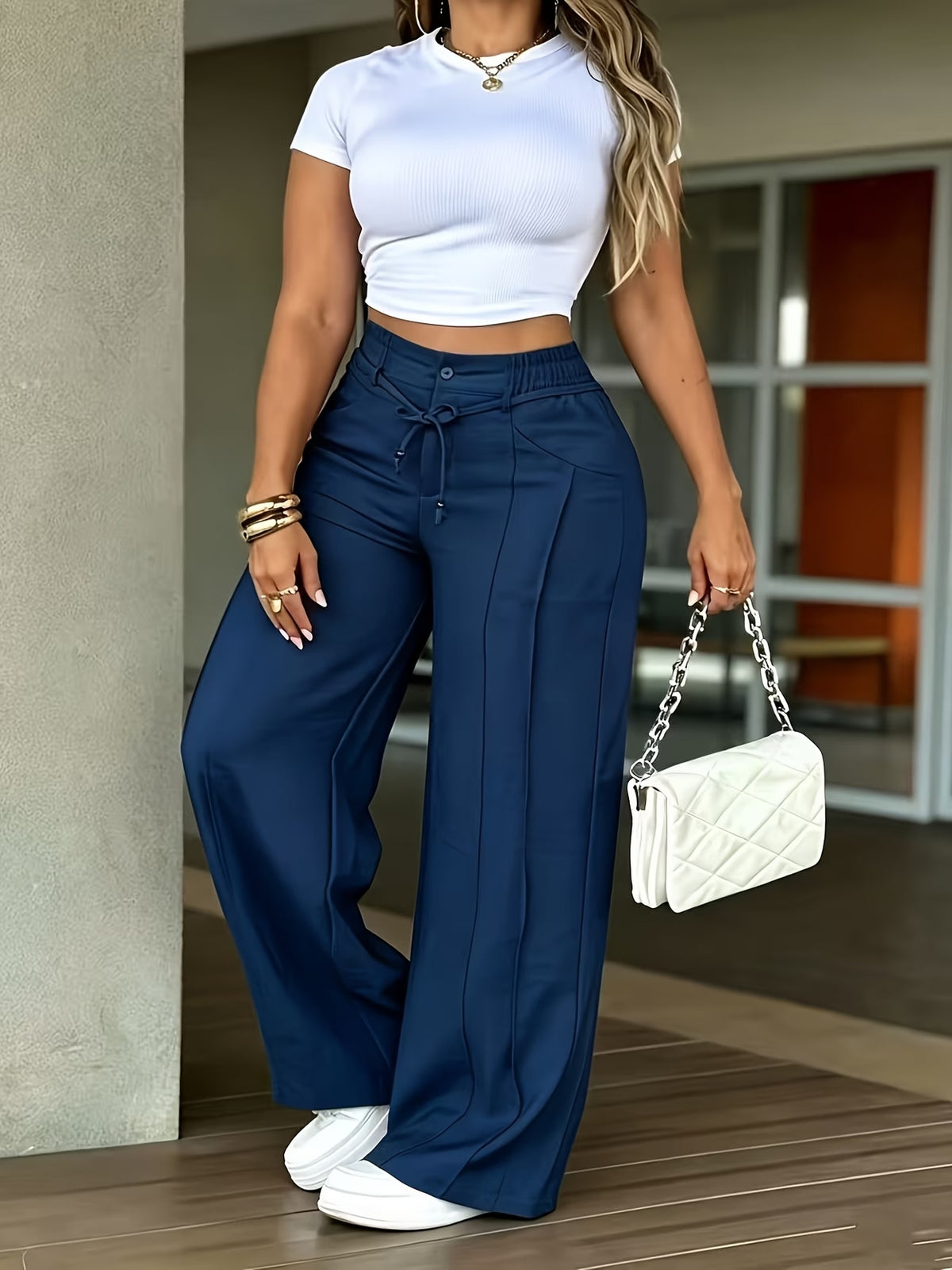 High-waist drawstring wide-leg pocket pants
