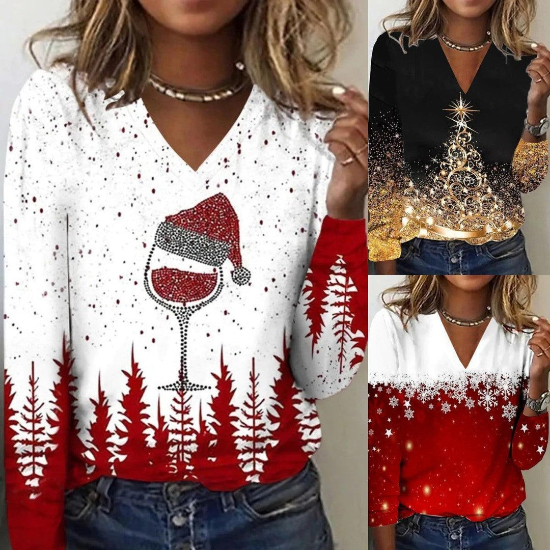 Women’s V-neck long sleeve T-shirt in white with red tree print and confetti dots