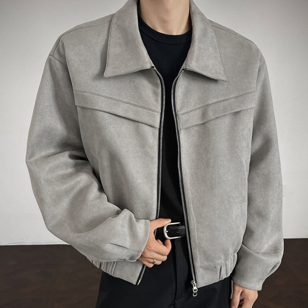 Men's gray velvet zip-up jacket with wide lapels and flap chest pockets