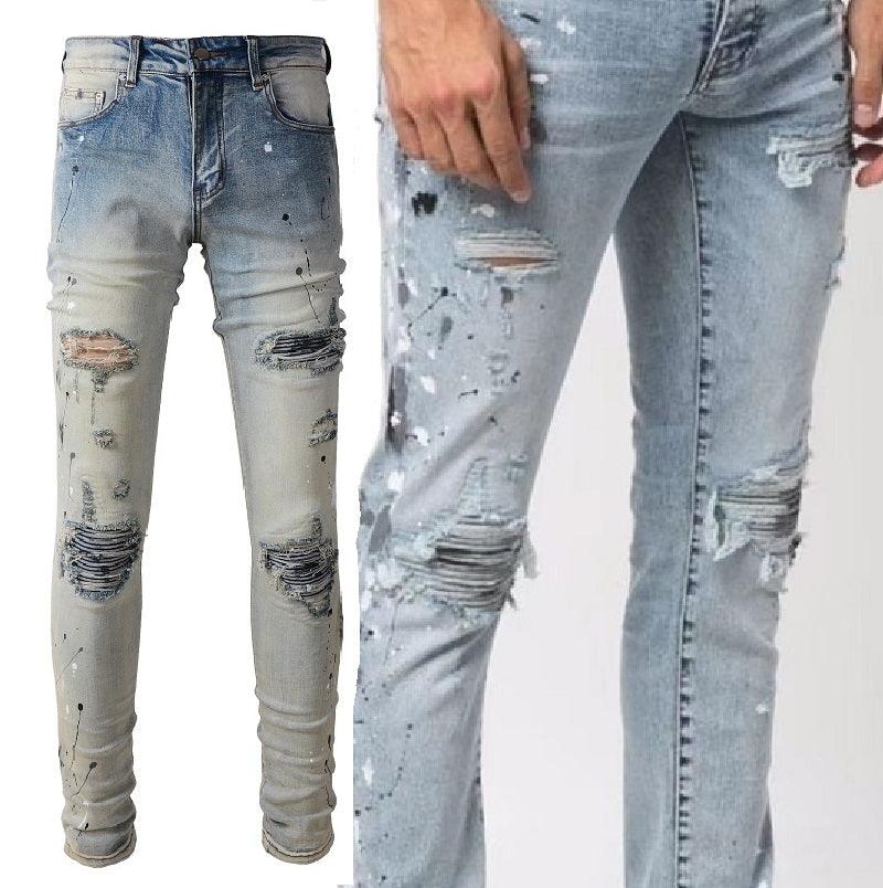 Splashing Ink Making Old Washed Jeans For Men - WOMONA.COM