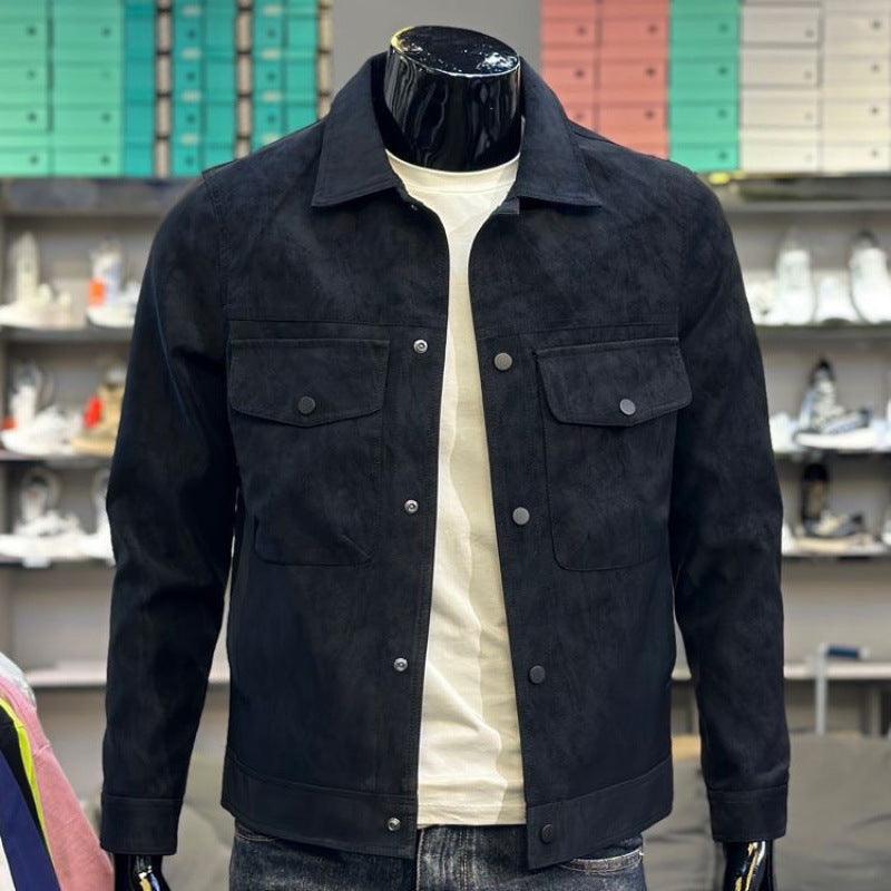 Black suede button-front jacket with pointed collar and two chest flap pockets