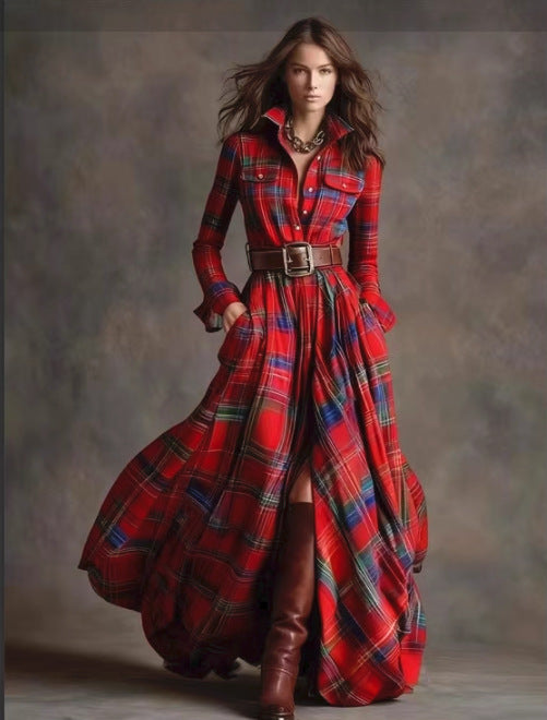 Women's plaid button-front long shirt dress