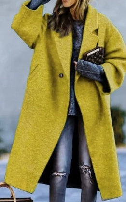 Women's long wool overcoat in mustard yellow with long sleeves and front pockets