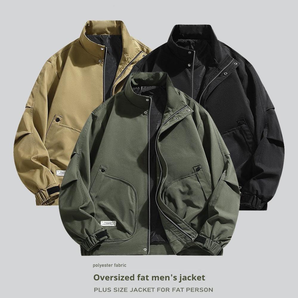 Men's stand collar solid color jacket, shown in black, green, and khaki