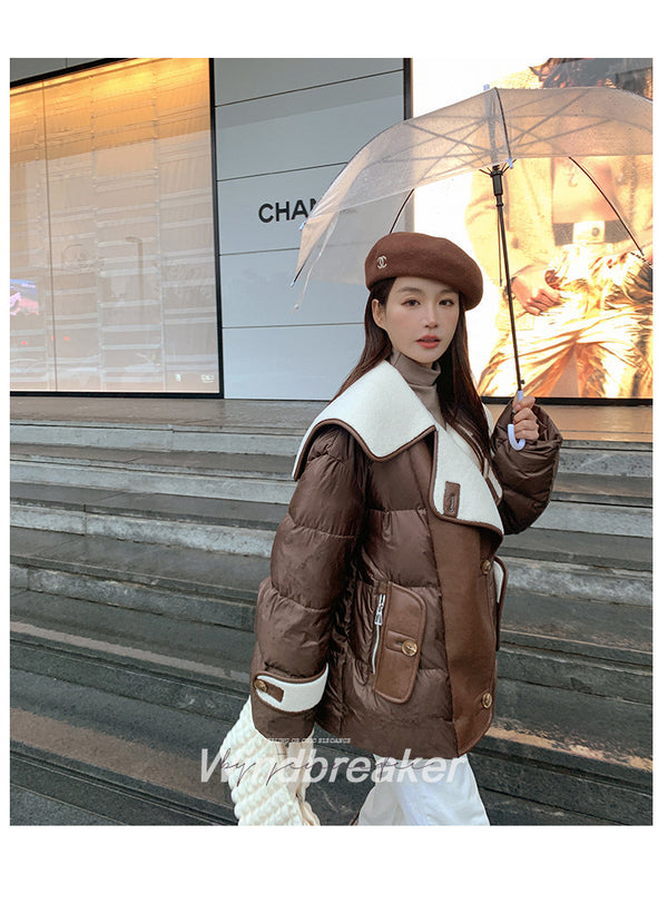 Large Lapel Fur Integrated Stitching Down Jacket