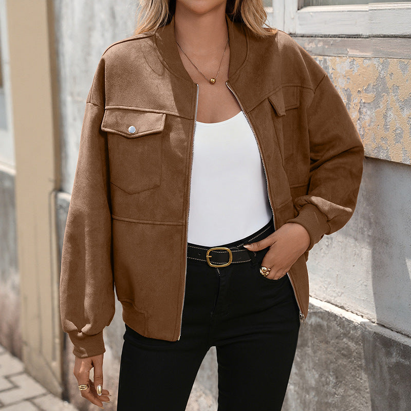 Women's Retro Faux Suede Shirt Jacket, Brown - product view 3
