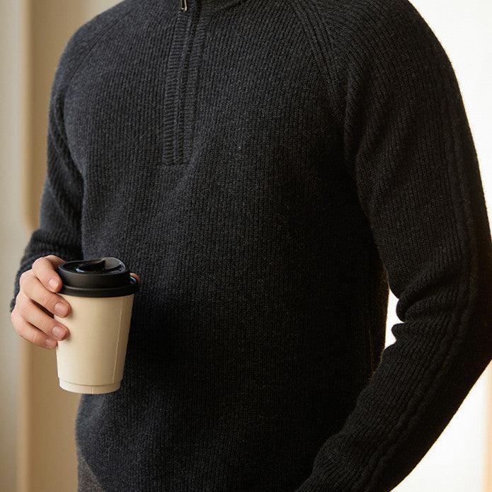 Wool half-zip sweater in dark gray/black, ribbed knit with stand collar and zipper placket